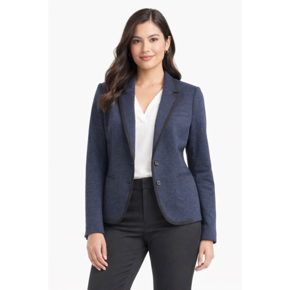Ann Taylor LOFT Navy‎ Blue Herringbone Knit Blazer Jacket S Preppy Career 65-20